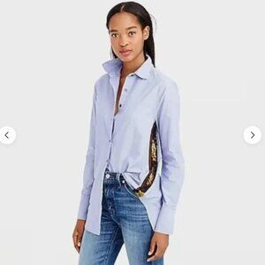 J Crew Shirt Women 6P Blue Boyfriend Tuxedo Side Stripe Sequin Cotton Button Up